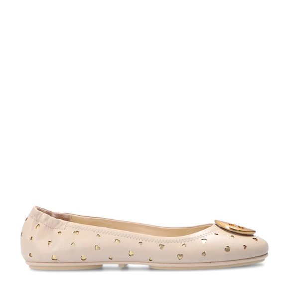 TORY BURCH MINNIE HEART CUTOUT LEATHER BALLET FLATS SZ 6.5 CREAM GOLD - Picture 8 of 10